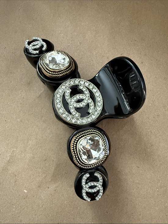 Upcycled Black Resin Hair Claw with Crystal CC Motifs and Gold Accents